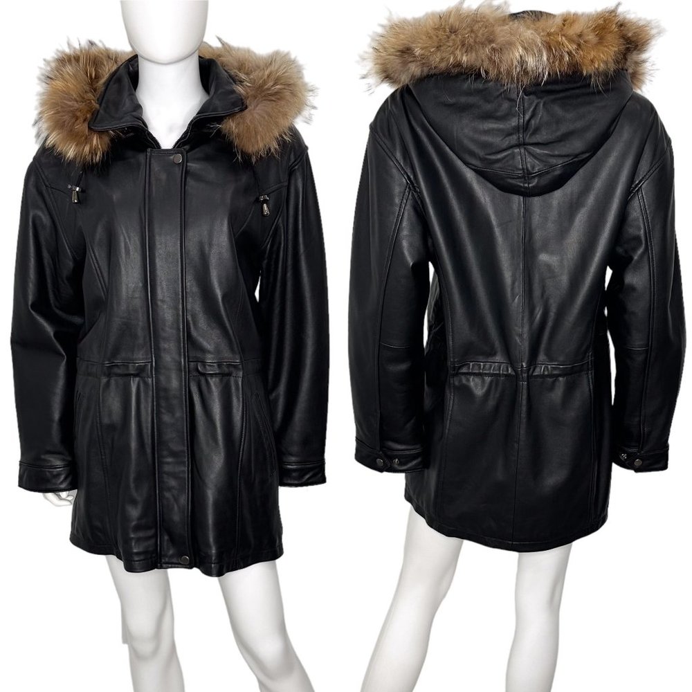 Genuine Lamb Leather Longline Coat Jacket w/ Remove-able Faux Fur Trim Hood - Picture 1 of 16